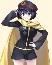  &gt;:) adjusting_clothes adjusting_headwear arm_up beige_background black_hair black_hat black_shirt black_shorts blush breasts cabbie_hat cape commentary_request cookie_(touhou) cowboy_shot female grey_eyes hair_between_eyes hand_on_own_hip hat highres long_sleeves looking_at_viewer medium_breasts milk_(cookie) murasa_minamitsu photoshop_(medium) shirt short_hair short_shorts shorts simple_background smile solo standing tarmo touhou v-shaped_eyebrows yellow_cape 