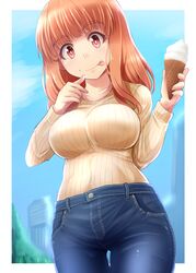  :p blue_pants blue_sky blunt_bangs blurry blurry_background border breasts casual closed_mouth commentary day denim female food food_on_face girls_und_panzer highres holding holding_food ice_cream ice_cream_cone jeans kitayama_miuki large_breasts long_hair long_sleeves looking_at_viewer ooarai_marine_tower orange_eyes orange_hair outdoors outside_border pants ribbed_shirt shirt sky smile solo standing takebe_saori tongue tongue_out upper_body white_border yellow_shirt 