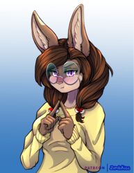  blush eyewear female glasses gradient_background half-length_portrait lagomorph leporid mammal nintendo patreon penny_(frostywisp) pokeball pokemon portrait purple_eyes rabbit simple_background solo zombikiss 