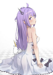  ahoge azur_lane back bare_arms bare_shoulders black_bow bow breasts checkered_floor dress female from_behind highres isemori long_hair looking_at_viewer looking_back open_mouth purple_eyes purple_hair sitting small_breasts solo stuffed_animal stuffed_toy unicorn_(azur_lane) white_background white_dress 