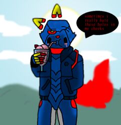  android anthro beverage blue_body blue_clothing clothing dialogue dialogue_box drcustom drinking e621 error_six esix felid female fire flaming_tail food holding_food holding_milkshake holding_object light looking_at_viewer machine mammal mascot milkshake one_eye_closed pupils red_neck red_nose red_sclera red_tail red_text robot solo sunlight tail text yellow_ears yellow_pupils 