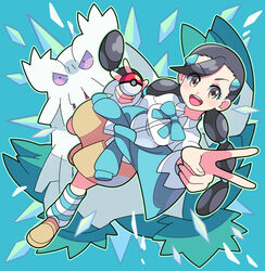  :d abomasnow arm_up black_hair breasts brown_eyes brown_footwear brown_skirt candice_(pokemon) clothes_around_waist collared_shirt commentary_request female green_background hair_ornament hairclip highres holding holding_poke_ball kneehighs multi-tied_hair open_mouth poke_ball poke_ball_(basic) pokemon pokemon_(creature) pokemon_dppt shirt shoes skirt smile socks sutokame sweater sweater_around_waist teeth tongue twintails upper_teeth_only v white_shirt 