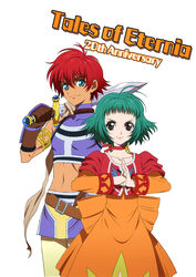  1boy back_bow blue_eyes bow brown_eyes choker closed_mouth crop_top cropped_jacket dress farah_oersted female gloves green_hair highres looking_at_viewer orange_dress red_choker red_hair reid_hershel short_hair simple_background smile sword tales_of_(series) tales_of_eternia tomaty. weapon white_background 