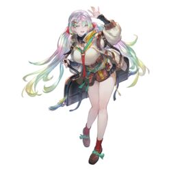  arm_up black_skirt breasts brown_footwear cupitan_(granblue_fantasy) detached_collar female full_body gradient_hair granblue_fantasy green_eyes hair_between_eyes hair_ornament jacket large_breasts long_hair minaba_hideo multicolored_hair official_art open_clothes open_jacket open_mouth pouch rainbow_hair red_socks shirt simple_background skirt socks solo standing teeth transparent_background twintails upper_teeth_only 