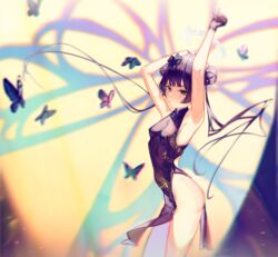  armpits arms_up black_dress black_gloves black_hair blue_archive breasts bug butterfly china_dress chinese_clothes closed_mouth double_bun dress female floating_hair from_side gloves hair_bun highres kisaki_(blue_archive) long_hair reinene sleeveless sleeveless_dress small_breasts solo standing twintails very_long_hair 