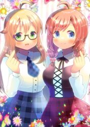  2girls :d ahoge blonde_hair blue_eyes blue_necktie blue_skirt blurry blurry_background blush borrowed_character bow braid breasts brown-framed_eyewear closed_mouth collared_shirt commentary_request commission copyright_request depth_of_field dress_shirt finger_heart floral_background gingham gingham_necktie glasses green_eyes hair_between_eyes hairbow hand_up kou_hiyoyo long_hair long_sleeves medium_breasts multiple_girls neckerchief necktie orange_hair original pink_bow plaid plaid_necktie plaid_skirt puffy_long_sleeves puffy_sleeves red_skirt semi-rimless_eyewear shirt skeb_commission skirt smile striped striped_background twin_braids under-rim_eyewear vertical_stripes very_long_hair white_shirt 