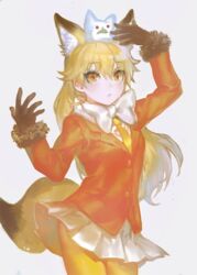  animal_ears bad_id bad_pixiv_id black_gloves blazer blonde_hair bow bowtie buttons commentary cowboy_shot ezo_red_fox_(kemono_friends) female fox_ears fox_girl fox_tail frischenq fur-trimmed_jacket fur_trim gloves grey_background hands_up jacket kemono_friends long_hair looking_up miniskirt necktie on_head orange_eyes orange_jacket pantyhose simple_background skirt solo standing symbol-only_commentary tail white_bow white_bowtie white_skirt yellow_necktie yellow_pantyhose 