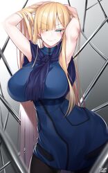  alternate_breast_size armpits arms_behind_head arms_up bare_shoulders black_pantyhose blonde_hair blue_dress blue_eyes blue_scarf blush breasts dress fate/grand_order fate_(series) female highres large_breasts long_hair looking_at_viewer lord_el-melloi_ii_case_files pantyhose reines_el-melloi_archisorte scarf sleeveless sleeveless_dress smile solo thighs watosu 