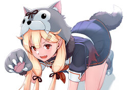  all_fours alternate_costume animal_costume animal_hands animal_hood black_serafuku blonde_hair claw_pose commentary female gloves hair_flaps hair_ornament hairclip highres hood kantai_collection long_hair oerba_yun_fang paw_gloves porupurucha red_eyes school_uniform serafuku sidelocks solo straight_hair tail wolf_hood wolf_tail yuudachi_(halloween_mode)_(kancolle) yuudachi_(kancolle) yuudachi_kai_ni_(kancolle) 