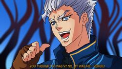  1boy blue_eyes blurry blurry_background commentary depth_of_field devil_may_cry_(series) devil_may_cry_5 english_text fingerless_gloves gloves grey_hair jojo_no_kimyou_na_bouken kono_dio_da_(meme) male_focus meme misery16 open_mouth pointing pointing_at_self spoilers subtitled teeth too_bad!_it_was_just_me!_(meme) vergil_(devil_may_cry) 