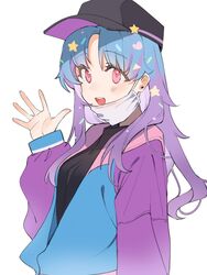  bad_id bad_pixiv_id baseball_cap black_hat black_shirt blue_hair blue_jacket blush breasts commentary confetti cookie_run female genderswap_(mtf) gradient_hair hair_ornament hat heart heart_hair_ornament highres hufy humanization jacket long_hair mask mouth_mask multicolored_clothes multicolored_hair multicolored_jacket parted_bangs partially_unzipped pink_eyes popping_candy_cookie purple_hair purple_sleeves rule_63 shirt solo star_(symbol) star_hair_ornament surgical_mask upper_body waving 