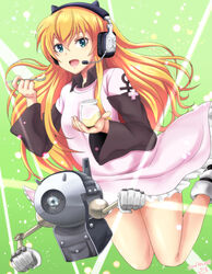  :d aqua_eyes blonde_hair commentary dated dress eating female green_background gunjou_no_magmell hair_between_eyes headphones headset highres long_hair long_sleeves looking_at_viewer pink_dress robot samenoido smile solo spoon white_legwear zero_(gunjou_no_magmell) 