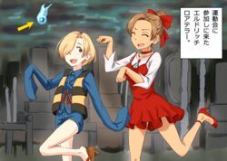  2girls anbj blonde_hair choker cosplay dress earrings gegege_no_kitarou hair_over_one_eye high_heels idolmaster idolmaster_cinderella_girls jewelry kitarou kitarou_(cosplay) matsunaga_ryo multiple_girls nekomusume nekomusume_(gegege_no_kitarou_6) nekomusume_(gegege_no_kitarou_6)_(cosplay) open_mouth red_choker red_dress shirasaka_koume short_dress short_hair smile 