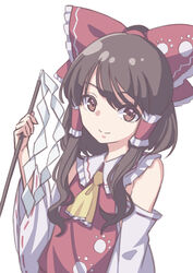  absurdres ascot bow brown_eyes brown_hair commentary detached_sleeves eyebrows_hidden_by_hair female frills gohei hair_tubes hairbow hakurei_reimu highres holding holding_stick kame_(kamepan44231) long_hair looking_at_viewer red_bow ribbon_trim simple_background smile solo stick swept_bangs touhou upper_body white_background wide_sleeves wily_beast_and_weakest_creature 