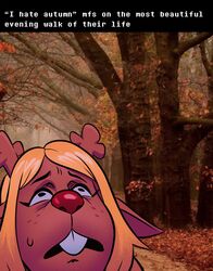  angusburgers anthro antlers autumn_leaves blonde_hair bodily_fluids brown_body brown_face brown_fur buckteeth deer deltarune english_text eyelashes face_focus female freckles fur hair hi_res horn horrified humor looking_up mammal meme new_world_deer noelle_holiday photo_background photography_(artwork) red_nose reindeer solo sweat teeth text undertale_(series) willem_dafoe 