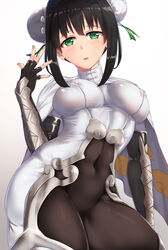  arm_guards black_bodysuit black_gloves black_hair bodysuit breasts bun_cover covered_navel double_bun elbow_gloves fate/grand_order fate_(series) female fingerless_gloves gloves green_eyes green_ribbons hair_bun hair_ribbon highres jewelry large_breasts looking_at_viewer neck_ring parted_lips qin_liangyu_(fate) ribbon ryouya sidelocks solo thighs white_bodysuit 