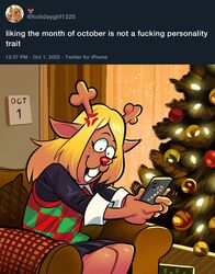  4_fingers angusburgers anthro antlers blonde_hair calendar christmas christmas_tree deer deltarune detailed_background electronics english_text female fingers freckles hair hi_res holidays horn inside living_room mammal new_world_deer noelle_holiday phone plant profanity red_nose reindeer sitting solo text tree undertale_(series) 