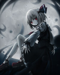  arm_belt black_dress black_nails blonde_hair commentary darkness dress female fingernails frilled_dress frilled_shirt_collar frills full_moon goth_fashion hair_ribbon highres knees_up long_fingernails long_sleeves looking_at_viewer moon pale_skin puffy_long_sleeves puffy_sleeves red_eyes red_footwear red_ribbon ribbon rumia sharp_fingernails shirt shoes short_hair sitting smile solo spark621 touhou white_shirt 