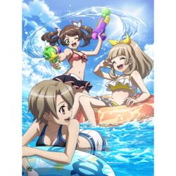  3girls andou_kuriyo artist_request ass bad_source bikini bikini_shorts bikini_skirt blonde_hair blunt_bangs blush breasts brown_eyes brown_hair cleavage closed_eyes green_eyes hair_ribbon innertube itaba_yumi long_hair looking_at_another multiple_girls navel ocean official_art one_eye_closed open_mouth outdoors ponytail ribbon senki_zesshou_symphogear senki_zesshou_symphogear_xd_unlimited short_hair shorts sky small_breasts smile swim_ring swimsuit terashima_shiori twintails water_gun 