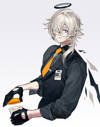  1boy arknights bishounen black_gloves cup disposable_coffee_cup disposable_cup enforcer_(arknights) formal glasses gloves grey_hair halo highres id_card long_hair male_focus necktie one_eye_covered pienahenggou purple_eyes simple_background solo suit sweat traditional_halo wings 