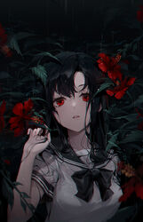  absurdres black_bow black_bowtie black_hair black_sailor_collar bow bowtie breasts collarbone commentary english_commentary female flower hand_up hibiscus highres long_hair looking_at_viewer medium_breasts original parted_lips rain red_eyes red_flower sailor_collar school_uniform serafuku shirt short_sleeves solo ttosom upper_body wet wet_hair white_shirt 