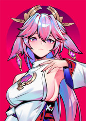  95--- animal_ears armpits black_nails blue_hair breasts chinese_commentary closed_mouth detached_sleeves dress earrings expressionless female fox_ears genshin_impact hair_between_eyes headpiece highres jewelry light_blue_hair lips long_hair looking_at_viewer medium_breasts mitsudomoe_(shape) multicolored_hair nail_polish pink_background pink_eyes pink_hair purple_background sideboob simple_background solo streaked_hair tomoe_(symbol) two-tone_background two-tone_hair upper_body white_dress yae_miko 