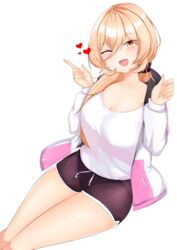  ;d absurdres black_shorts blonde_hair blush breasts casual cleavage drawstring female hair_between_eyes hair_ornament hair_scrunchie heart highres hood hooded_jacket invisible_chair jacket large_breasts long_hair looking_at_viewer low_ponytail mapyarong nijisanji nui_sociere nui_sociere_(2nd_costume) oerba_yun_fang official_alternate_costume one_eye_closed open_clothes open_jacket open_mouth scrunchie shirt short_shorts shorts sitting smile solo thighs very_long_hair virtual_youtuber white_shirt yellow_eyes 