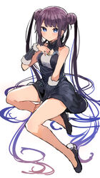  absurdly_long_hair bad_id bad_twitter_id bare_legs bare_shoulders between_legs black_dress black_footwear bracer breasts closed_mouth double_bun dress fate/grand_order fate_(series) female full_body gradient_hair hair_bun hand_between_legs hand_on_own_chest hand_up highres ikeuchi_tanuma long_hair looking_at_viewer medium_breasts multicolored_hair purple_hair shoes smile solo twintails very_long_hair yang_guifei_(fate) yang_guifei_(first_ascension)_(fate) 