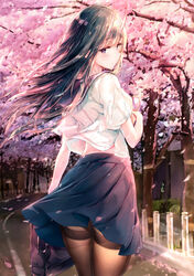  bag black_hair black_pantyhose black_skirt cellphone cherry_blossoms eien_no_juu_nana-sai female highres holding holding_phone horns long_hair looking_at_viewer looking_back oni_horns original outdoors pantyhose petals phone pleated_skirt purple_eyes school_bag school_uniform serafuku skirt solo straight_hair thighband_pantyhose wind wind_lift 