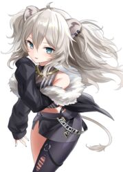  ahoge animal_ears bad_id bad_pixiv_id bare_shoulders black_jacket black_nails black_pantyhose black_shirt blue_eyes breasts cleavage cowboy_shot crop_top ear_piercing fangs female fingernails fur-trimmed_jacket fur_trim grey_hair grey_skirt hair_between_eyes highres hololive jacket jewelry kiki-yu lion_ears lion_girl lion_tail long_fingernails long_hair long_sleeves looking_at_viewer miniskirt nail_polish necklace o-ring o-ring_thigh_strap off_shoulder pantyhose parted_lips partially_unzipped piercing see-through sharp_fingernails shirt shishiro_botan shishiro_botan_(1st_costume) sidelocks simple_background single_leg_pantyhose skin_tight skirt sleeveless sleeveless_shirt sleeves_past_wrists smile solo tail thigh_strap torn_clothes torn_pantyhose two_side_up v-shaped_eyebrows virtual_youtuber white_background zipper_skirt 