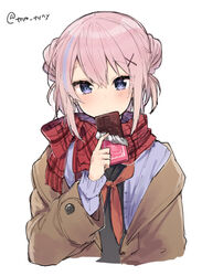  black_shirt blue_eyes blush brown_jacket candy chocolate chocolate_bar closed_mouth double_bun female food hair_bun hair_ornament hand_up highres holding holding_chocolate holding_food ikeuchi_tanuma jacket long_sleeves looking_at_viewer medium_hair multicolored_hair neckerchief original pink_hair red_neckerchief red_scarf rije_(ikeuchi_tanuma) scarf shirt simple_background solo streaked_hair twitter_username upper_body white_background x_hair_ornament 