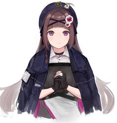  beret black_choker black_gloves blue_jacket brown_hair choker closed_mouth cropped_torso female fingerless_gloves flower girls&#039;_frontline gloves hair_flower hair_ornament hand_on_hand hat highres jacket jacket_on_shoulders long_hair looking_at_viewer nail_polish pink_nails purple_eyes rampart1028 rex_zero_1_(girls&#039;_frontline) shirt smile solo upper_body white_background white_shirt 