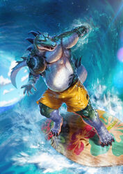  4_toes 5_fingers anthro arm_tattoo belly black_claws bottomwear claws clothed clothing cloud crocodile crocodilian crocodylid day detailed_background feet fingers green_body green_eyes green_scales head_spikes hi_res humanoid_hands male musclegut muscular muscular_anthro muscular_male nviek5 open_mouth pecs pupils reptile scales scalie sea sharp_teeth shorts sky slightly_chubby slit_pupils snout solo spiked_body spiked_tail spikes spikes_(anatomy) standing surfboard surfing swimming_trunks swimwear tail tattoo teeth toes topless vehicle water watercraft wave wet wet_body white_belly white_body white_scales yellow_bottomwear yellow_clothing yellow_shorts 