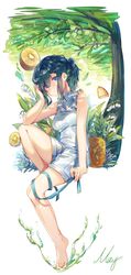  arm_rest ayatsuki_sugure barefoot blue_eyes blue_flower blue_ribbon blush breasts clip_studio_paint_(medium) commentary_request english_text female flower food fruit fruit_tree full_body green_hair hair_between_eyes head_rest highres holding holding_ribbon kiwi_(fruit) knee_up lily_of_the_valley lime_(fruit) looking_at_viewer medium_breasts original pineapple pineapple_slice ponytail ribbon shirt shorts sidelocks sleeveless sleeveless_shirt solo tree water white_flower white_shirt white_shorts 