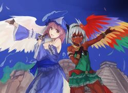  2girls architecture asatsuki_(cookie) aztec aztec_glyphs bare_shoulders black_gloves black_hairband blue_eyes blue_kimono blue_sky breasts brown_gloves bug butterfly chichen_itza cleavage commentary_request cookie_(touhou) cowboy_shot dark-skinned_female dark_skin dress facepaint feathered_wings feathers fingerless_gloves flower game_console gloves green_dress grey_hair hair_flower hair_ornament hairband hat hitodama holding holding_microphone japanese_clothes kimono konpaku_youmu long_sleeves looking_at_viewer maya_(culture) mexico microphone mob_cap multicolored_wings multiple_girls nuppehofu_(nibuta) obi olmec_head open_mouth outstretched_arm pink_eyes pink_hair pre-columbian_architecture red_flower saigyouji_yuyuko sash sega sega_dreamcast short_hair single_wing sky smile standing strapless strapless_dress touhou triangular_headpiece vivian_(cookie) wavy_hair white_wings wide_sleeves wings ziggurat 