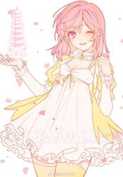  arm_up artist_request blush collar douluo_dalu dress falling_petals female floating floating_object frilled_collar frills hairband highres jacket long_sleeves ning_rongrong_(douluo_dalu) one_eye_closed open_mouth petals pink_hair purple_eyes second-party_source short_hair solo thighhighs upper_body white_background white_dress yellow_jacket yellow_thighhighs 