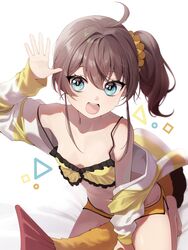  absurdres ahoge blue_eyes brown_hair emoji female highres hololive jacket looking_at_viewer medium_hair natsuiro_matsuri natsuiro_matsuri_(matsuri&#039;s_day_off) open_clothes open_jacket open_mouth salty_gana scrunchie side_ponytail smile solo virtual_youtuber white_jacket 