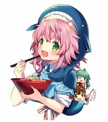  3girls ahoge arm_up belt blue_headwear blue_shirt blush bow bowl breasts brown_eyes brown_hair buttons collared_shirt commentary_request fish fish_(food) food frills gohei green_eyes green_hair hair_between_eyes hair_ornament hair_tubes hakurei_reimu hand_up hands_up hat horns kaisendon kapuchii komano_aunn long_hair long_sleeves looking_at_viewer medium_breasts multiple_girls okunoda_miyoi one_eye_closed open_mouth pink_hair puffy_short_sleeves puffy_sleeves red_bow red_shirt shirt short_hair short_sleeves simple_background smile stick striped striped_belt striped_bow touhou upper_body whale_hat white_background white_belt white_bow wide_sleeves 