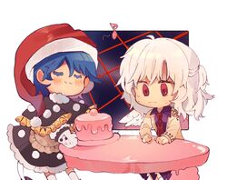  2girls :3 apron beamed_eighth_notes beige_jacket black_dress blue_hair blush cake chibi closed_eyes commentary doremy_sweet dream_soul dress eighth_note english_commentary feathered_wings feet_out_of_frame food grey_hair hat highres jacket kabocha1408 kishin_sagume long_sleeves medium_hair multiple_girls musical_note necktie nightcap oven_mitts pom_pom_(clothes) purple_dress red_eyes red_headwear red_necktie short_hair single_wing sitting smile socks sweat table tail tapir_tail touhou white_legwear wings 