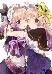  2girls :3 atelier_(series) atelier_lydie_&amp;_suelle black_bow blush bow brown_capelet capelet cheek-to-cheek hair_ribbon hairband hairbow heads_together heart highres ikeuchi_tanuma looking_at_viewer lydie_marlen multiple_girls one_eye_closed one_side_up parted_lips pink_hair pinky_out purple_eyes purple_shirt red_ribbon ribbon shirt simple_background smile suelle_marlen white_background 