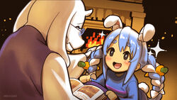  2girls :d ^_^ animal_ear_fluff animal_ears black_eyes blue_hair blue_shirt blush book bow braid breasts bright_pupils carrot_hair_ornament closed_eyes commentary cosplay dress extra_ears fangs fireplace food-themed_hair_ornament frisk_(undertale) frisk_(undertale)_(cosplay) furry furry_female glasses gradient_background hair_ornament hairbow highres hikosan hololive horns indoors long_hair long_sleeves looking_at_another multicolored_hair multiple_girls no_nose open_book open_mouth orange_background profile purple_dress rabbit-shaped_pupils rabbit_ears rabbit_girl rabbit_tail shirt sidelocks simple_background skin_fangs small_breasts smile sparkle symbol-shaped_pupils tail thick_eyebrows toriel twin_braids twintails two-tone_hair undertale upper_body usada_pekora vest virtual_youtuber white_bow white_hair white_pupils wide_sleeves 