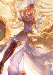  absurdres armor armored_boots armored_dress artist_request bare_shoulders blonde_hair boots closed_mouth detached_sleeves douluo_dalu dragon dress female floating hair_ornament halo highres looking_down qian_renxue_(douluo_dalu) rainbow second-party_source smile solo white_dress wings 