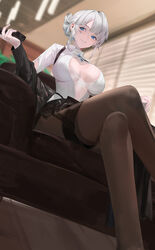  alchemy_stars azure_(alchemy_stars) azure_(tipsy_whimsy)_(alchemy_stars) black_jacket black_skirt blazpu blue_eyes breasts brooch brown_pantyhose cleavage collared_shirt crossed_legs dress_shirt facial_mark feet_out_of_frame female grin hair_bun highres jacket jewelry large_breasts legs long_sleeves looking_at_viewer medium_hair off_shoulder open_clothes open_jacket pantyhose partially_unbuttoned pencil_skirt shirt sidelocks single_hair_bun sitting skirt smile solo thighband_pantyhose thighs white_hair white_shirt 