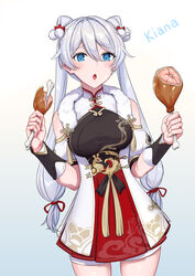  absurdres blue_eyes blush boned_meat breasts character_name chinese_clothes commentary cowboy_shot dress female food hair_between_eyes hair_bobbles hair_ornament hfp~kubiao highres holding holding_food honkai_(series) honkai_impact_3rd kiana_kaslana kiana_kaslana_(divine_prayer) long_hair meat medium_breasts open_mouth painttool_sai_(medium) short_dress simple_background solo twintails very_long_hair white_hair 