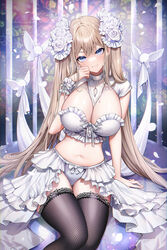  absurdres between_breasts bird blonde_hair blue_eyes breasts brown_thighhighs cleavage closed_mouth crop_top dove female fishnet_thighhighs fishnets flower frilled_shirt frills hair_flower hair_ornament hand_up head_tilt highres large_breasts long_hair looking_at_viewer midriff mole mole_under_mouth navel original panties raku_(clearpage) revealing_clothes shirt short_sleeves showgirl_skirt shrug_(clothing) sitting skirt smile solo star_(symbol) stomach strapless strapless_shirt thighhighs thighs twintails underwear very_long_hair white_panties white_shirt white_skirt white_theme wrist_cuffs 