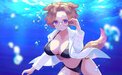  :t air_bubble animal_ears bikini black-framed_eyewear black_bikini blurry blurry_background blush breasts brown_hair bubble character_name cleavage closed_mouth collarbone collared_shirt day depth_of_field dog_ears dog_girl dog_tail dress_shirt female glasses gucchiann hair_ornament hairclip hand_up highres indie_virtual_youtuber kemomimi_refle! komae_nadeshiko long_sleeves looking_at_viewer medium_breasts navel open_clothes open_shirt outdoors parted_bangs pout purple_eyes shirt short_hair side-tie_bikini_bottom solo swimsuit tail underwater virtual_youtuber water white_shirt 