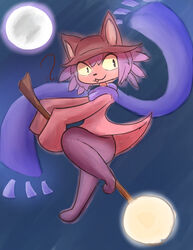  absurd_res anthro broom broom_riding cleaning_tool clothing demon3sigma domestic_cat felid feline felis female flying hat headgear headwear hi_res light_bulb magic_user mammal niko_(oneshot) oneshot red_cloth solo witch 