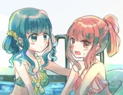  2girls alternate_costume aqua_eyes aqua_hair bikini blunt_bangs blush choker closed_mouth criss-cross_halter frilled_bikini frills front-tie_bikini_top front-tie_top futaba_sana futaba_sana_(swimsuit_costume) green_bikini hair_ornament hair_rings hair_scrunchie halterneck hand_on_another&#039;s_back innertube looking_at_another looking_at_viewer magia_record:_mahou_shoujo_madoka_magica_gaiden mahou_shoujo_madoka_magica medium_hair multiple_girls official_alternate_costume open_mouth pink_bikini pink_choker pink_eyes pink_hair plaid plaid_bikini pool scrunchie sidelocks single_hair_ring split_mouth sweat swim_ring swimsuit tamaki_iroha totte twitter_username upper_body water wavy_hair white_background yellow_scrunchie 