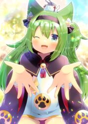  ;d animal_ear_fluff animal_ears azur_lane bandaged_arm bandages bell black_hairband blue_eyes blurry blurry_background blush cannon cat_ears commentary_request commission depth_of_field dress female green_hair hair_bell hair_between_eyes hair_ornament hairband isokaze_(azur_lane) jingle_bell kou_hiyoyo long_hair long_sleeves looking_at_viewer oerba_yun_fang one_eye_closed skeb_commission smile solo turret very_long_hair white_dress wide_sleeves x_x 