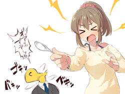  &gt;_&lt; 1boy bad_id bad_pixiv_id bare_shoulders black_jacket blue_necktie blush breasts brown_hair brown_sweater closed_eyes collarbone collared_shirt female formal hair_between_eyes hair_ornament hair_scrunchie holding holding_spoon hori_yuko idolmaster idolmaster_cinderella_girls jacket lightning_bolt_symbol neck_snap necktie off-shoulder_sweater off_shoulder open_mouth p-head_producer ponytail producer_(idolmaster) psychic red_scrunchie scrunchie shirt simple_background small_breasts spoon suit sweat sweater translation_request uccow upper_body white_background white_shirt 